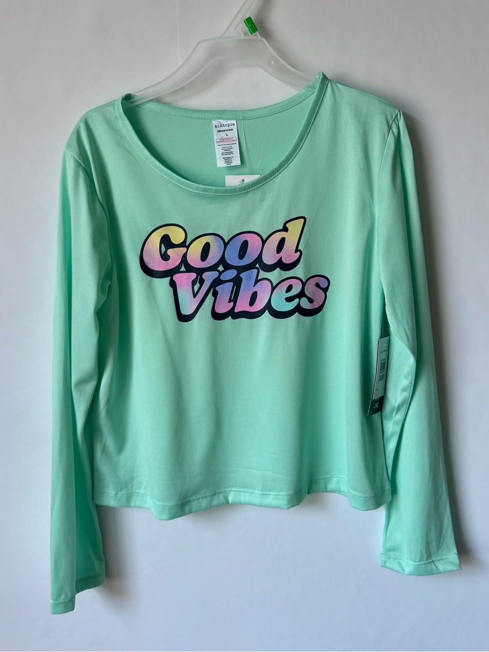NWT Kidtopia Sleepwear Top Girls Large 12 Mint Green Long Sleeve Pajama Shirt